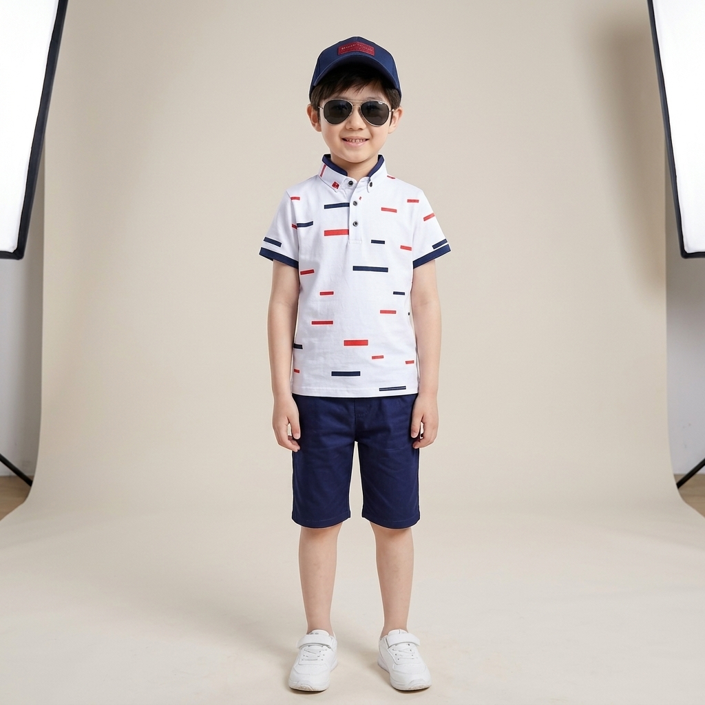 Polo T Shirt & Pant Set Combo 2 Pcs (White Multi Print)