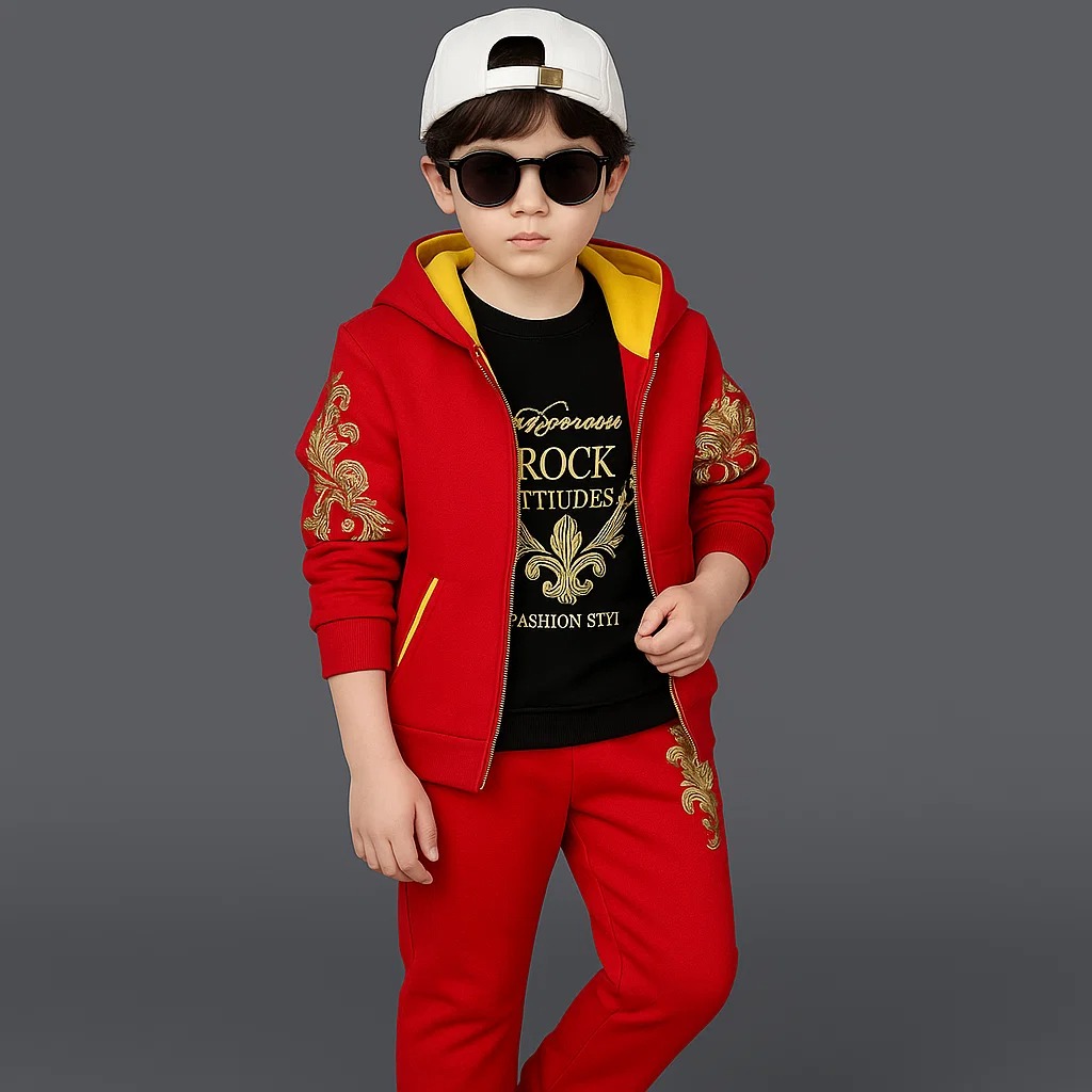 TMF-827 Zipper Hoddie+Pant+T-Shirt 3pcs Set -(Red Afsan)